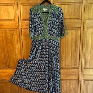 Boden Blue and White Maxi Dress with Cuffed Sleeves